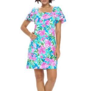 ARYEH Pink Hibiscus Square Neck Ruffle Sleeve Dress XLARGE Resortwear Cruise UPF